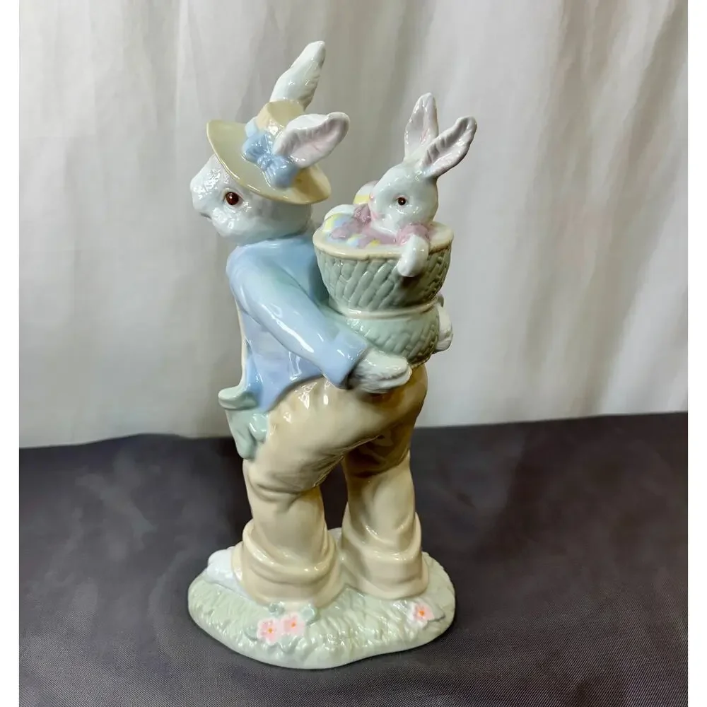 Easter Rabbit Baby Bunny Basket Ceramic Figurine Decor Glossy Pastel 10.75